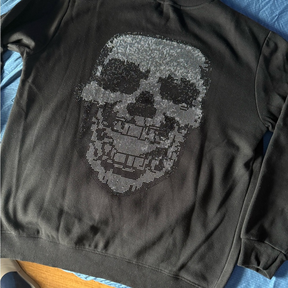 Black Skull and Crossbones Sweatshirt With Stone Detail